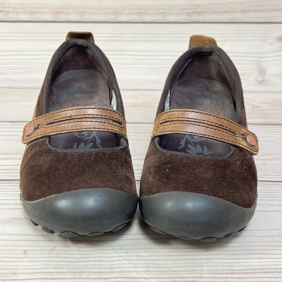Merrell Plaza Bandeau Shoe Womens 6 Espresso Brown Suede Mary Jane Slip On Wedge - Picture 2 of 14